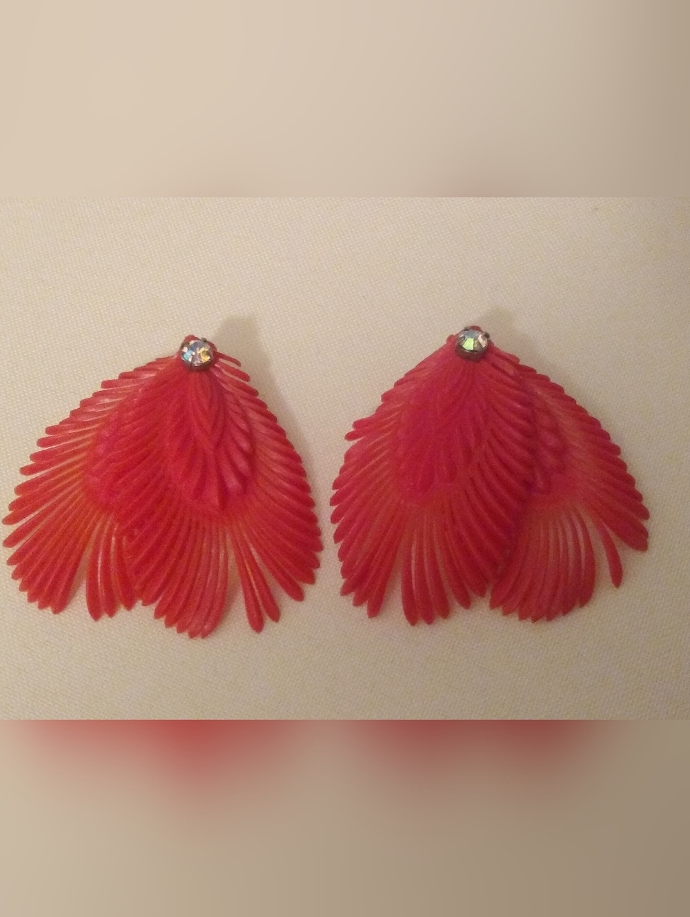 Western Germany Vintage 1950's Red Nylon Double Feather Design Clip-on Earrings